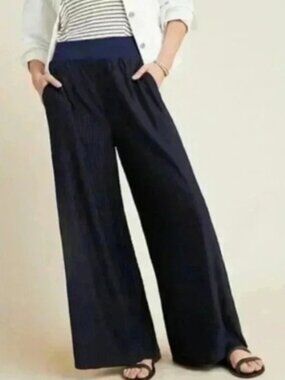 Anthropologie Delano Knit Pleated Wide Leg Palazzo Pants, Navy - Womens Small